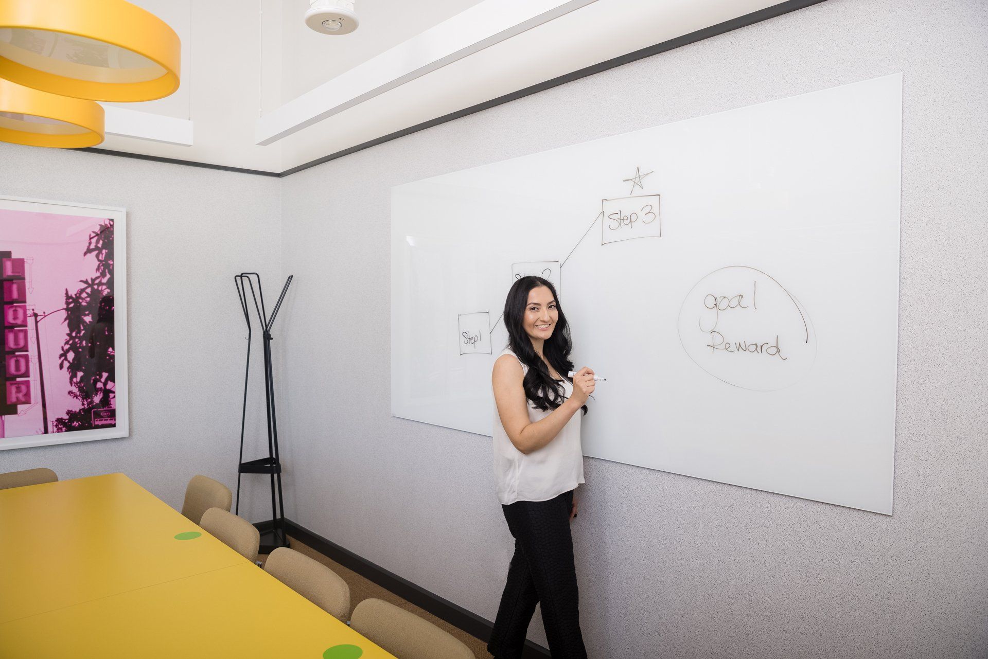 Career coach presenting at a whiteboard in a meeting room