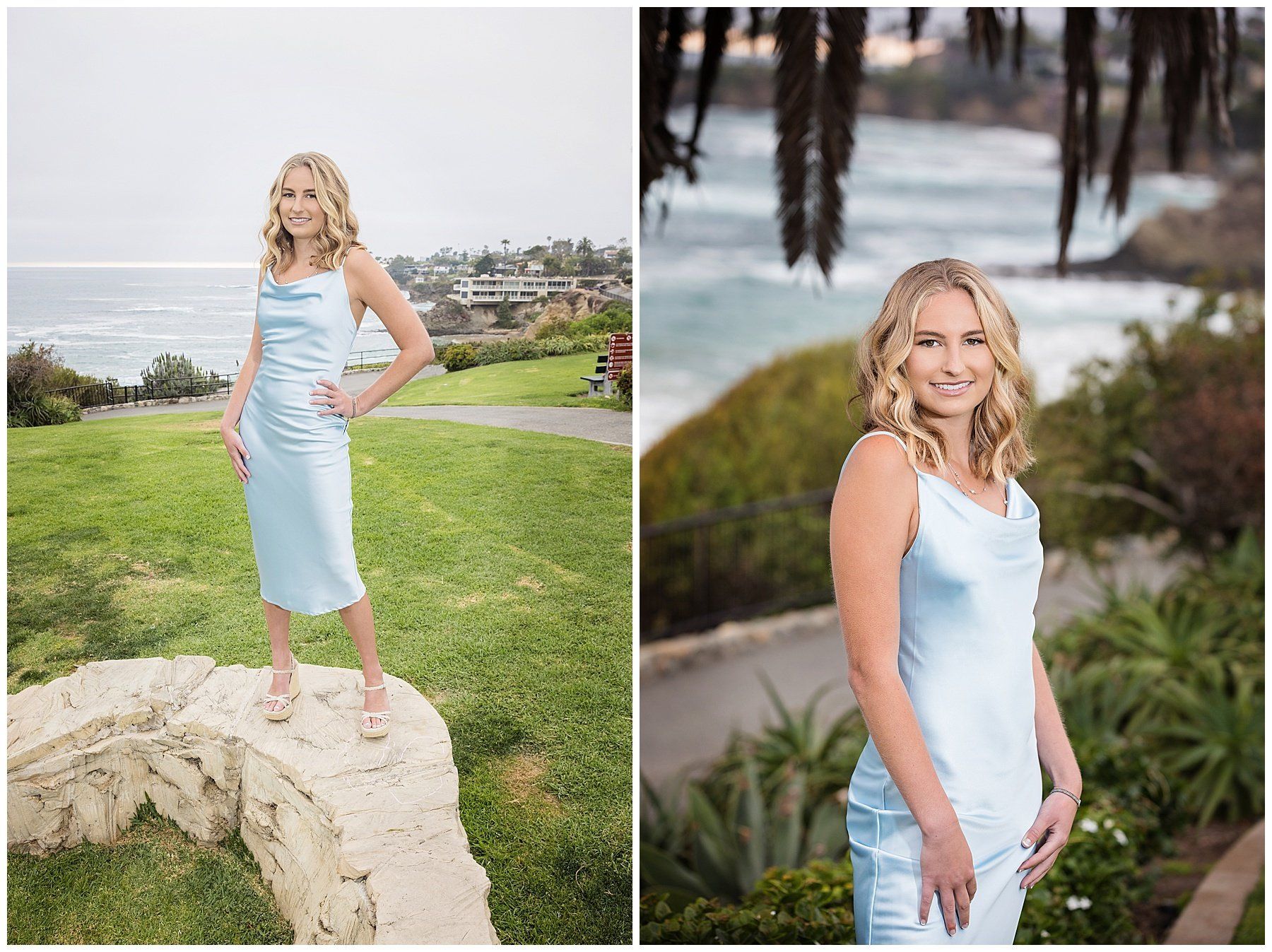 A woman in a blue dress is standing on a rock overlooking the ocean.
