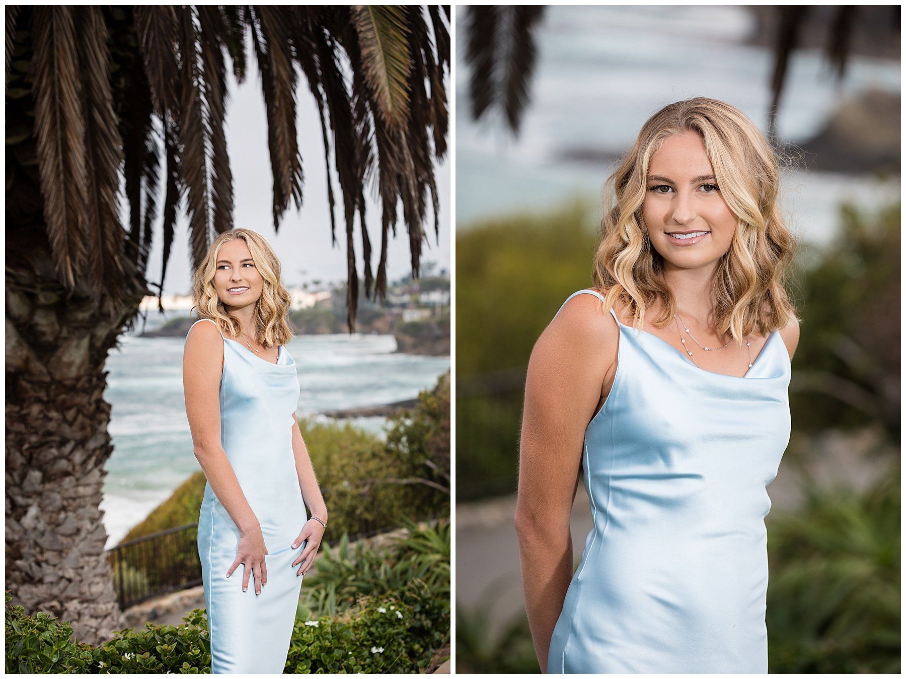 A woman in a blue dress is standing in front of a palm tree.