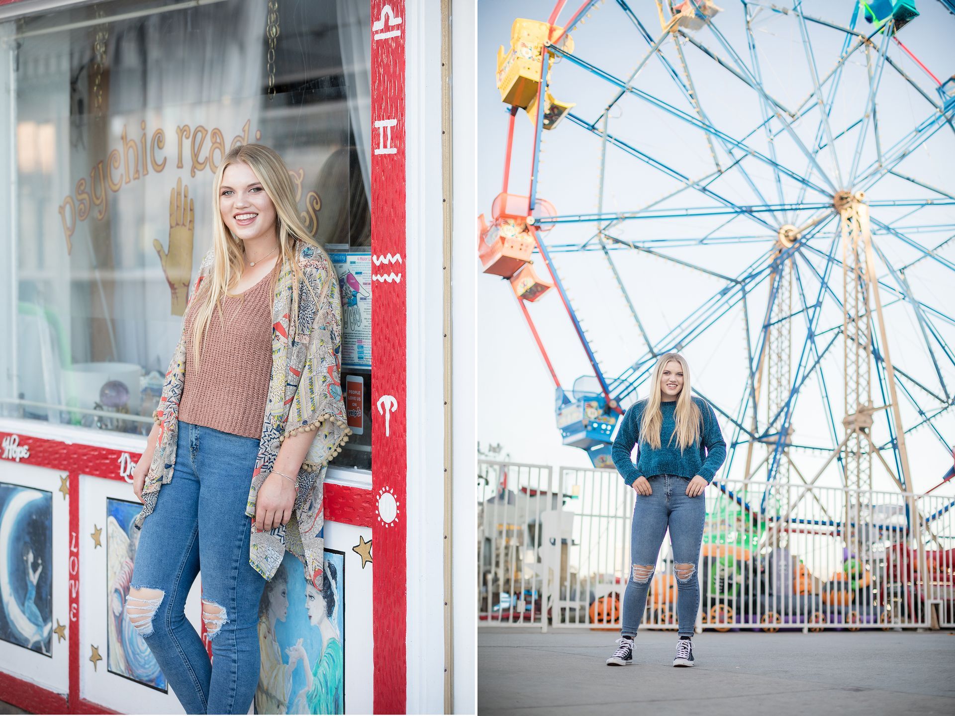 A woman is standing in front of a ferris wheel at a carnival.