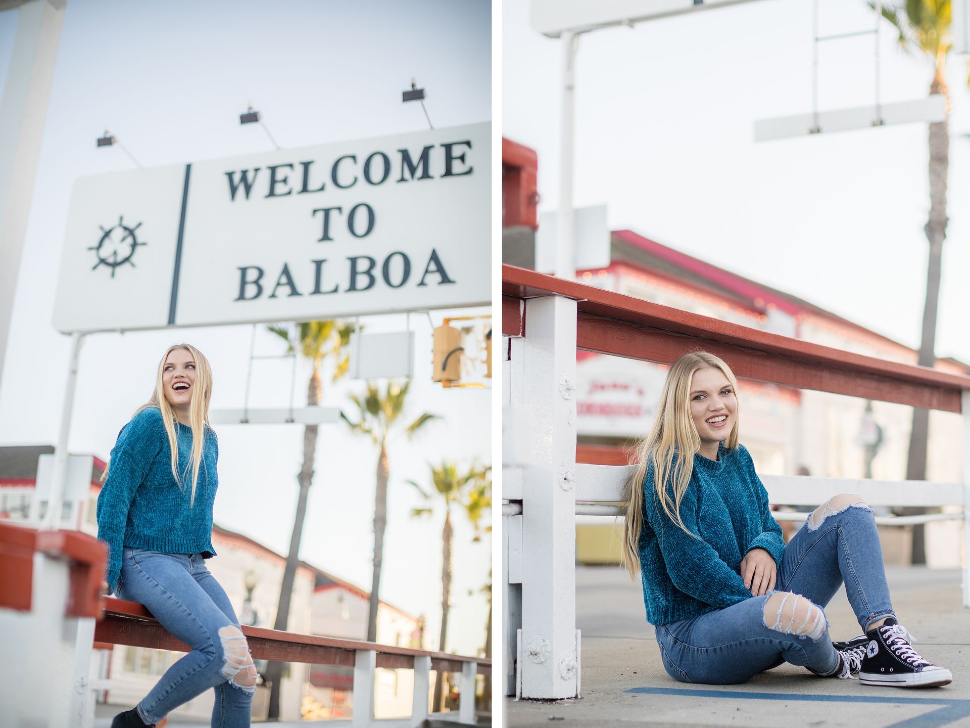 A woman is sitting on a bench in front of a welcome to balboa sign.