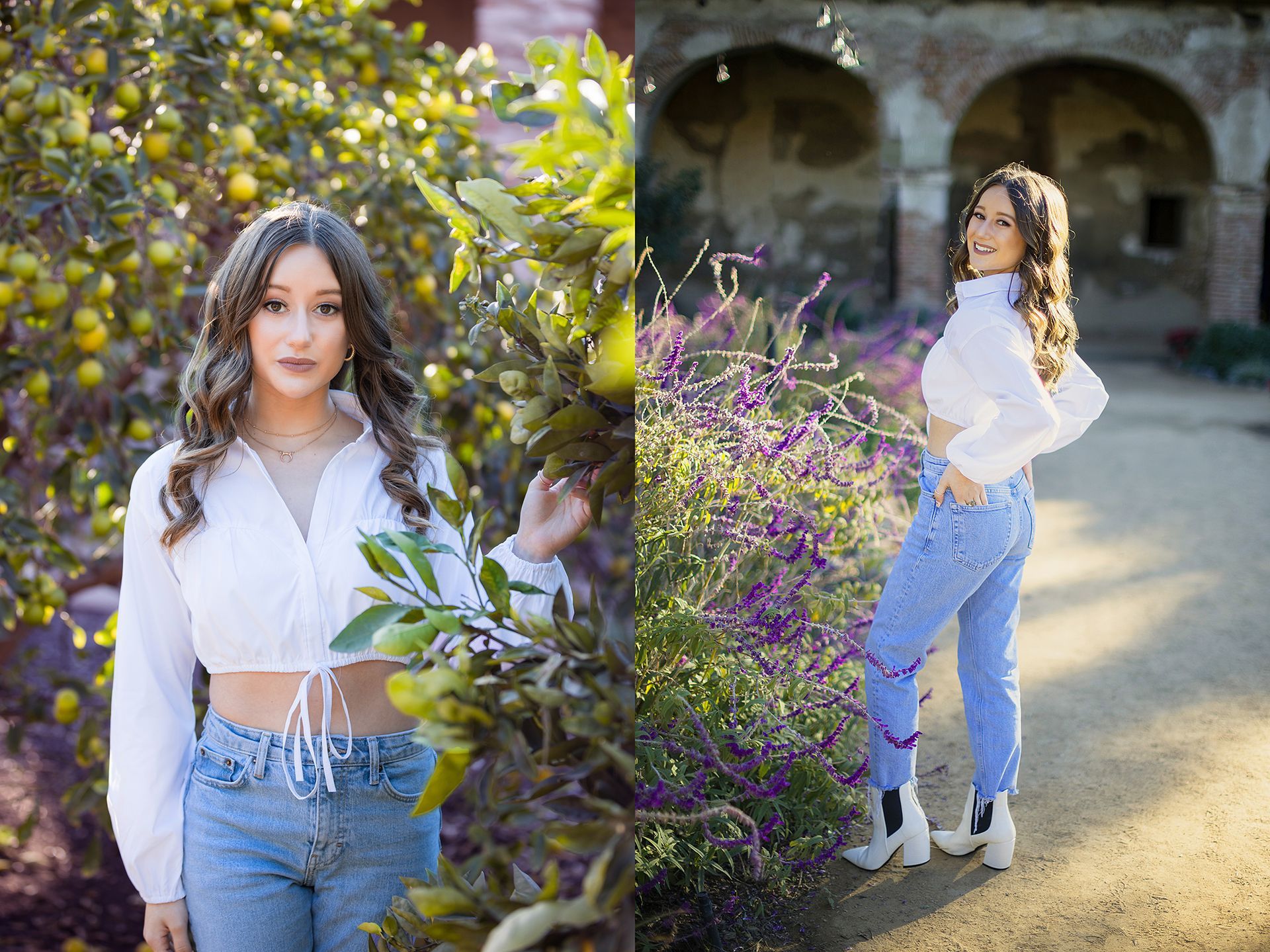 A woman in a white crop top and jeans is standing next to a tree.