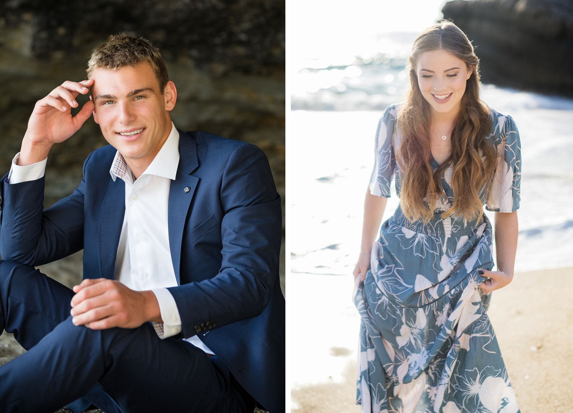 A man in a suit is sitting next to a woman in a dress on the beach.