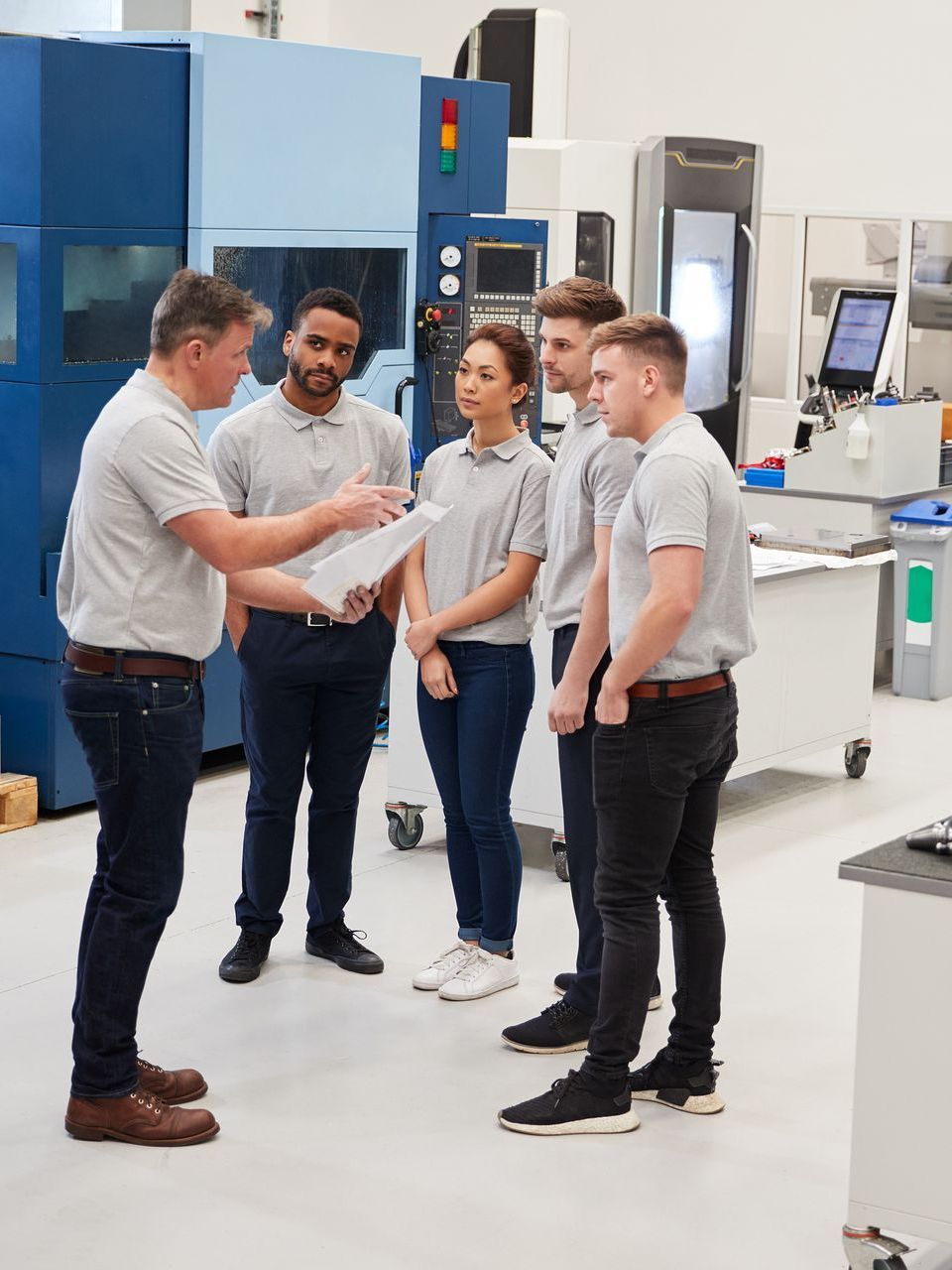 a group of people are standing in a soil lab talking to each other