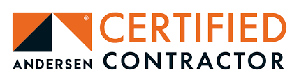 Andersen Certified Contractor logo with orange and black text and geometric icon on white background