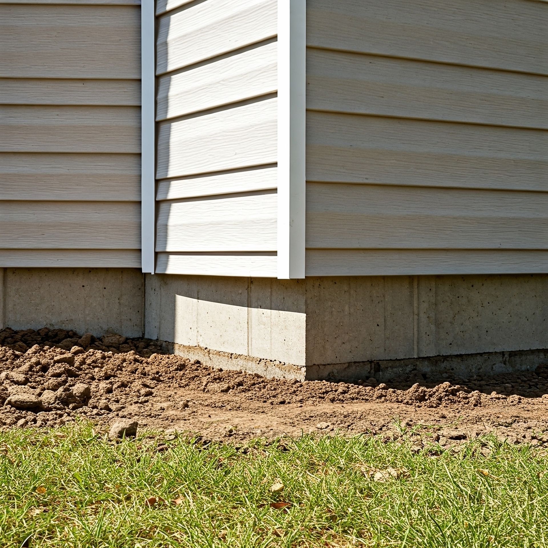 House siding corner with concrete foundation, soil, and grass along the base