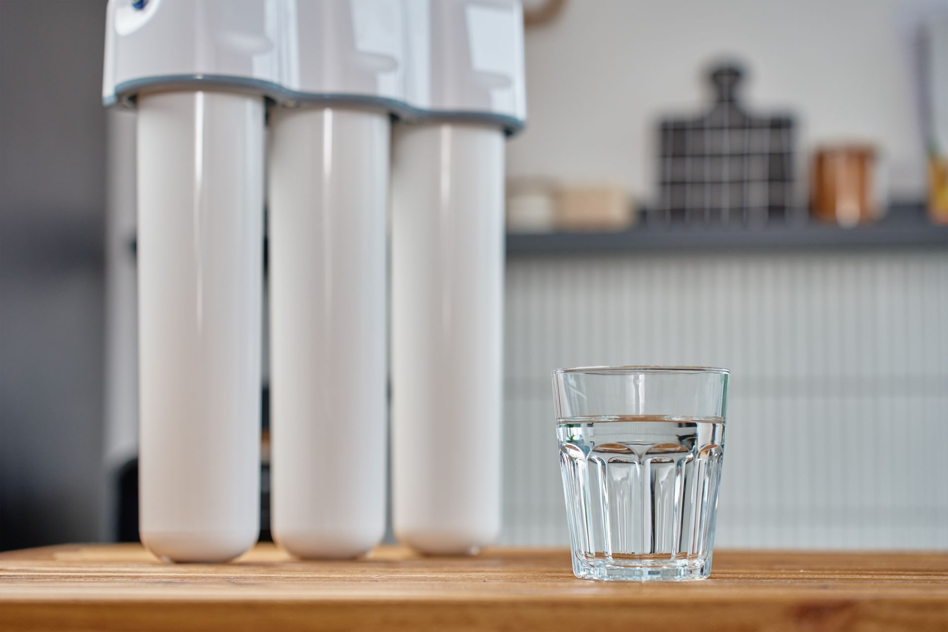 Water filter cartridges beside a clear glass on a wooden counter in a kitchen