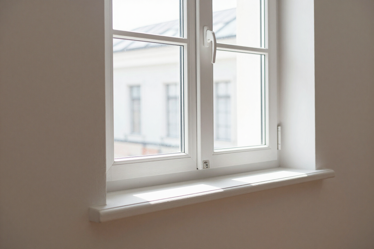 Close-up of newly installed double-hung window with white painted frame