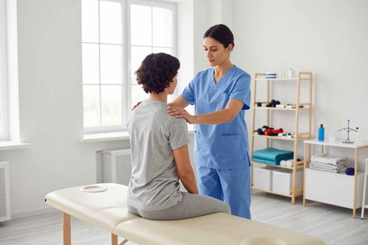 Profissional de saúde atendendo paciente em consultório equipado