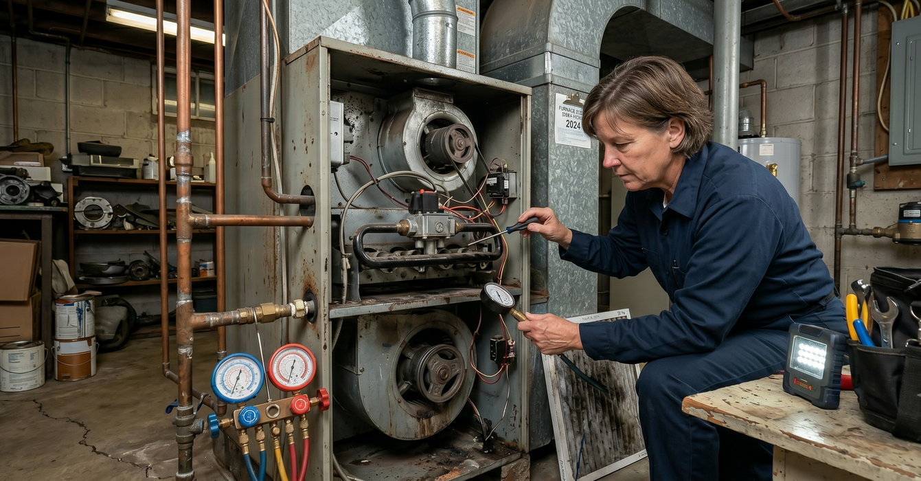 Technician inspecting boiler machinery in a workshop, with gauges and tools nearby.