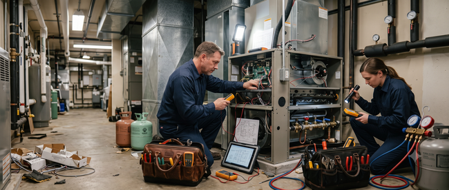 Technicians working on wiring inside a server room, with tools and laptops on the floor
