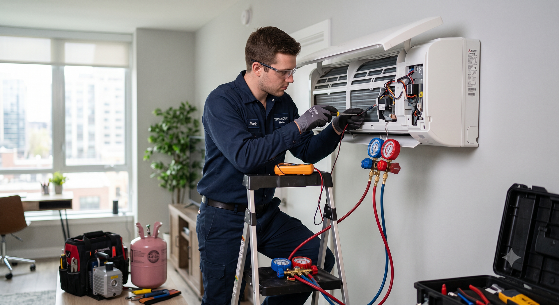 Technician inspecting open electrical panel with multimeter and tools in a bright home interior