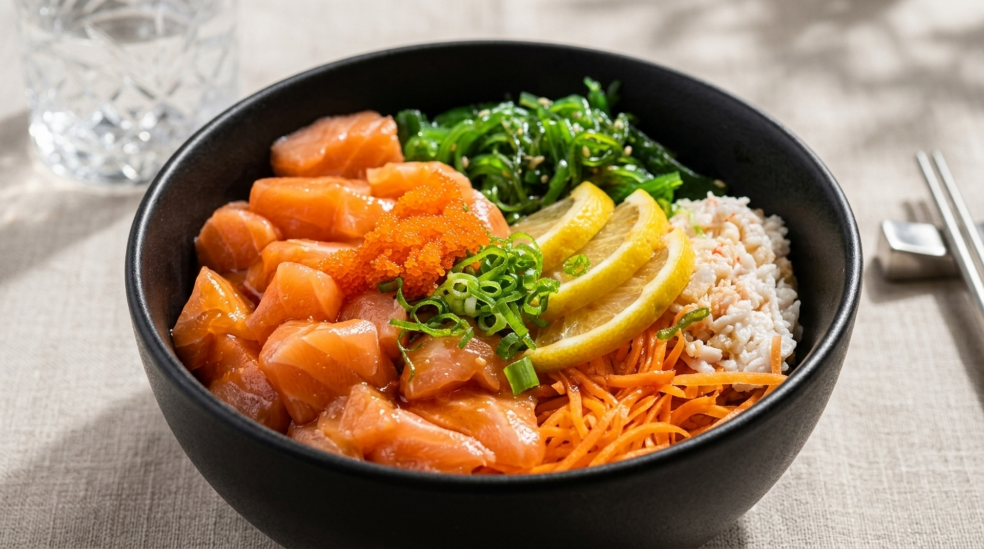 Black bowl of salmon, rice, greens, carrots, and lemon slices on a table