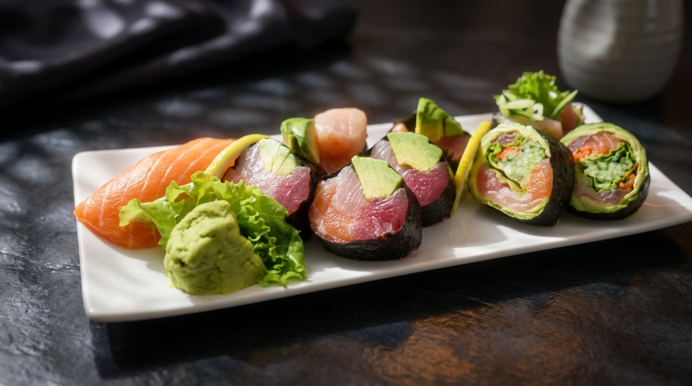 Assorted sushi rolls with avocado and salmon on a white platter on a dark table