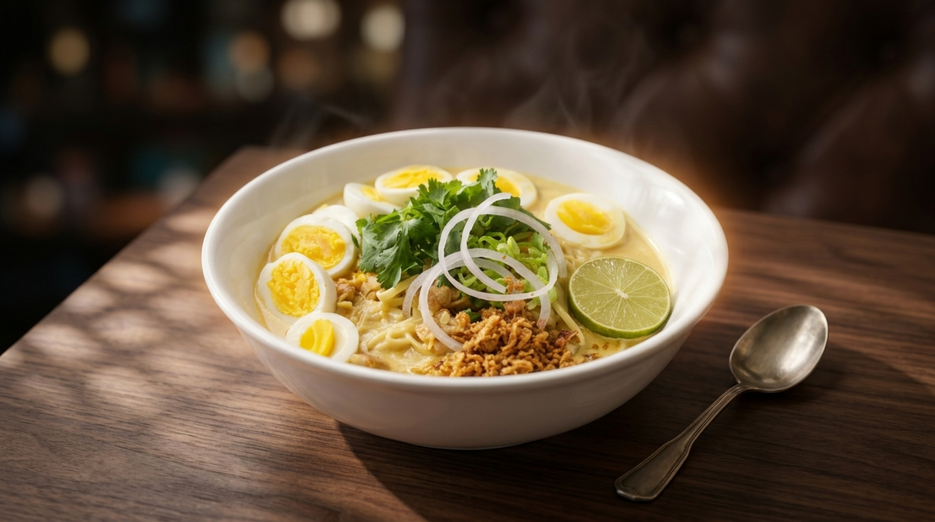 Bowl of noodle soup with sliced eggs, herbs, and lime on a wooden table with a spoon