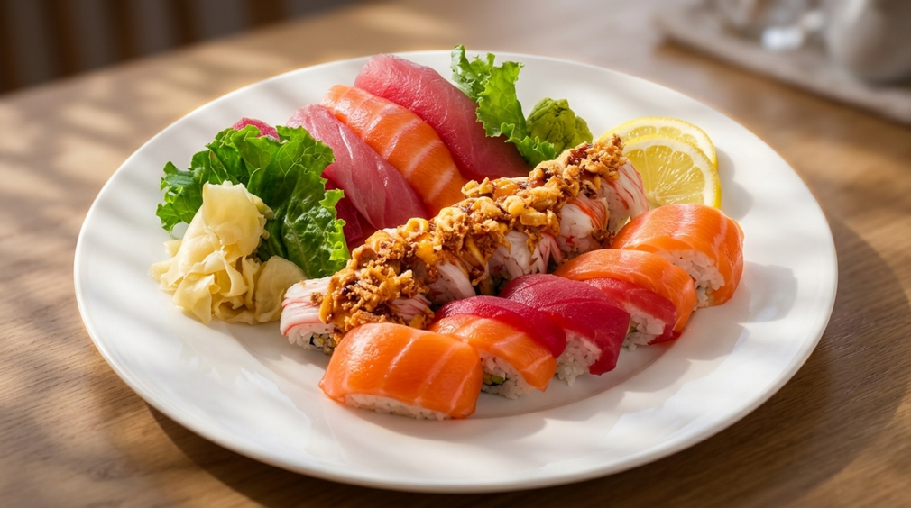 Assorted sushi and sashimi on a white plate with lemon and garnishes