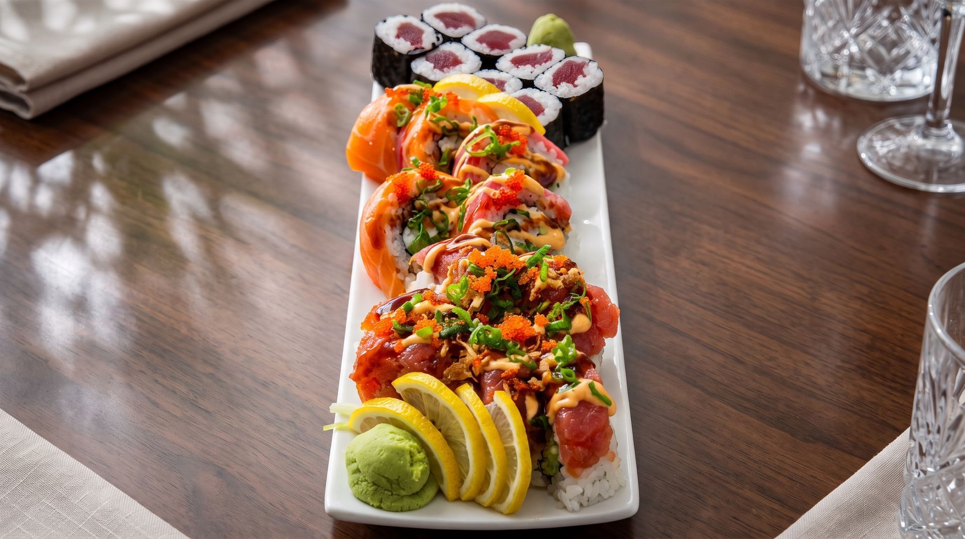 Sushi platter with colorful rolls, avocado slices, and garnishes on a white plate on a wooden table