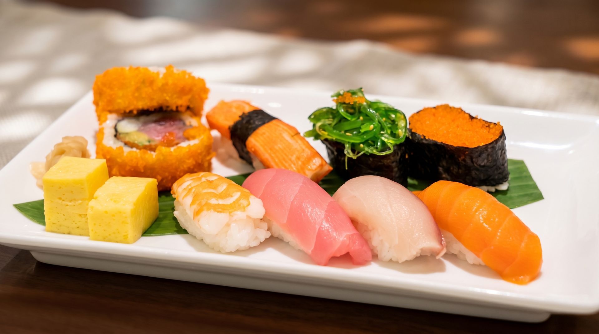 Assorted sushi and sashimi on a white platter with garnish and wasabi