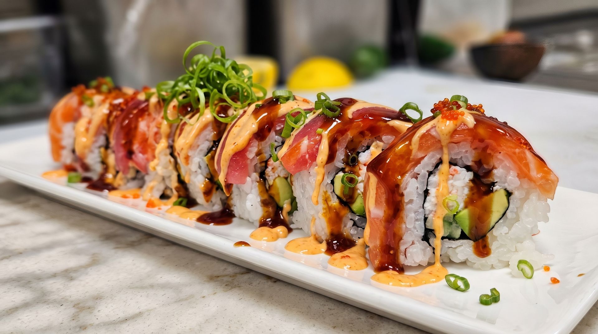 Sushi rolls topped with salmon and sauce on a white platter, garnished with green onions