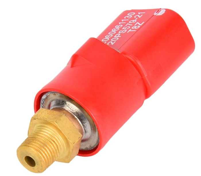 Conector eléctrico cilíndrico rojo con punta roscada de latón sobre fondo blanco.
