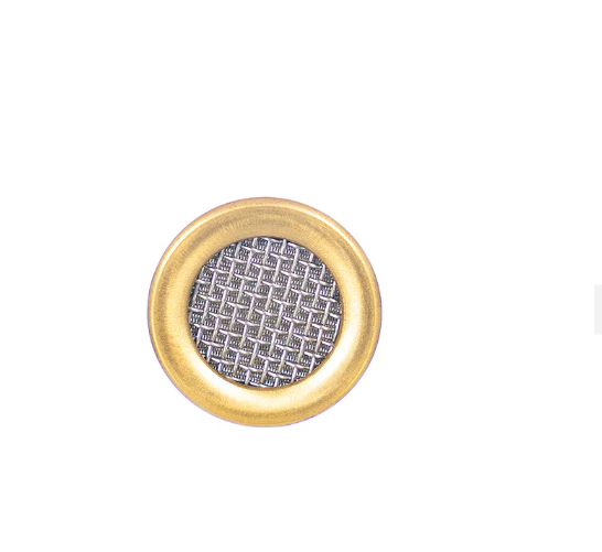 Pantalla redonda de malla con borde dorado sobre fondo blanco.
