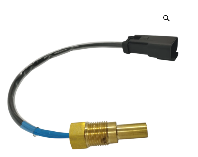 Cable negro con conector y racor de sensor roscado de latón sobre fondo blanco.