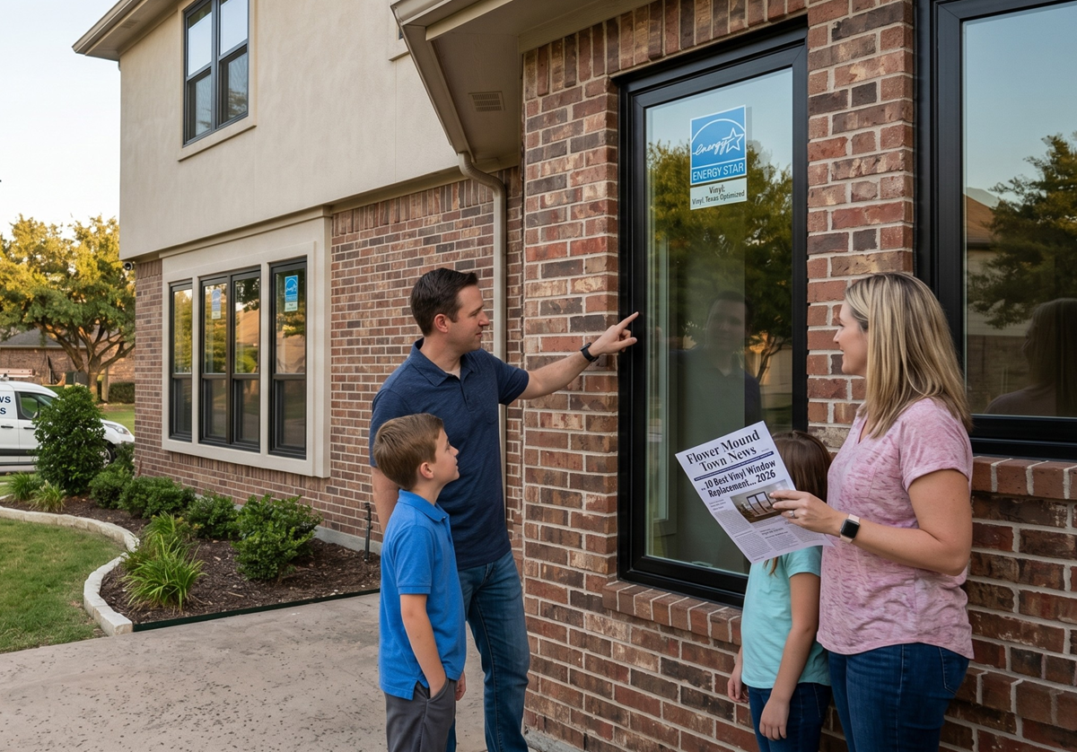 A family admiring newly installed vinyl window replacement options on their home in Flower Mound, Texas, featuring energy-efficient black frames and professional installation branding.