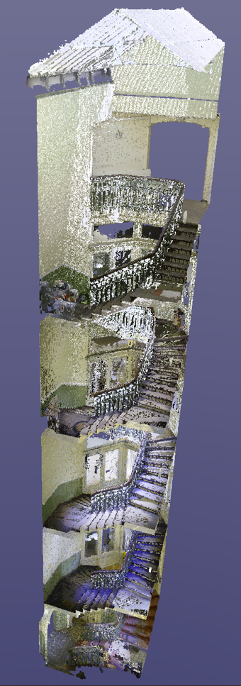 Ein 3D-Modell eines Gebäudes mit Treppen und Balkonen auf violettem Hintergrund.