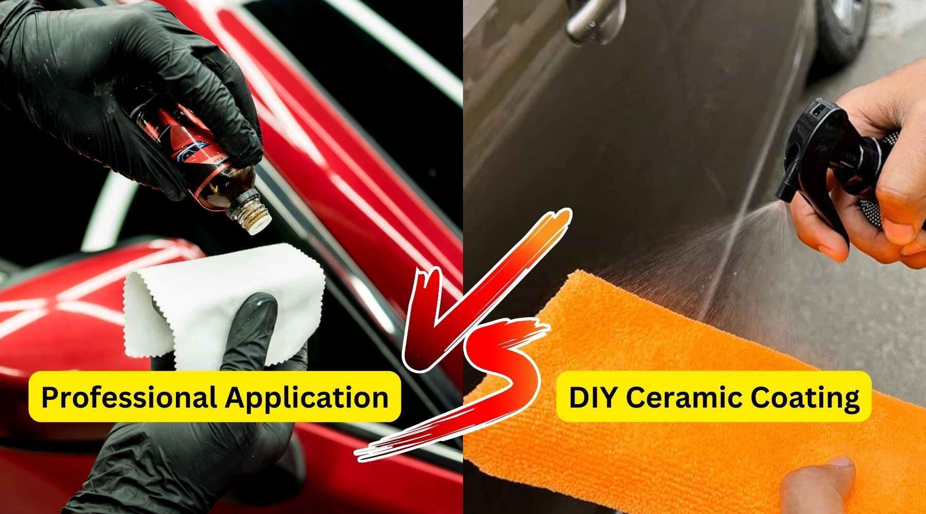 A comparison image showing a professional applying ceramic coating with a microfiber cloth on a red
