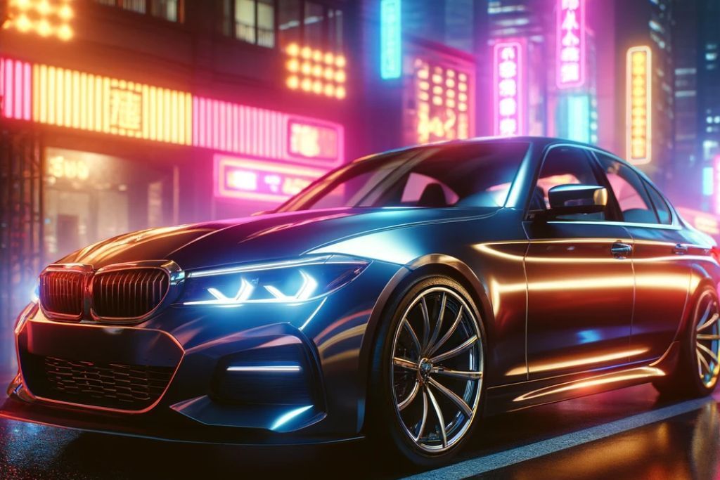 A sleek, shiny car parked on a city street at night, illuminated by vibrant neon lights from surrounding buildings. The car's polished surface reflects the colorful lights, emphasizing its pristine condition, potentially maintained by paint protection film (PPF).