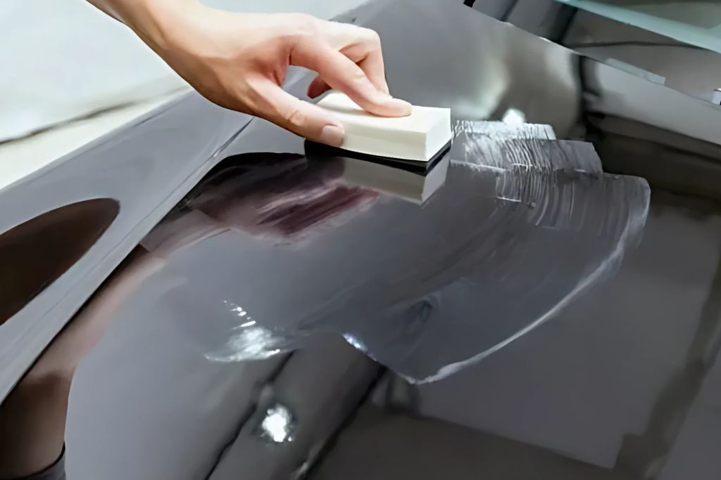 A person uses a white applicator pad to spread ceramic coating evenly on the surface of a car, ensuring smooth coverage.