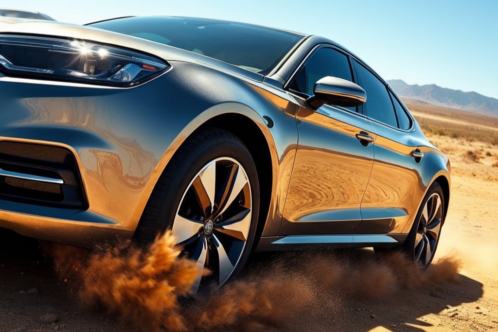 A sleek, modern car driving through a dusty desert terrain, with the front tire kicking up sand. The image highlights the car's shiny exterior, capturing the motion and rugged environment.