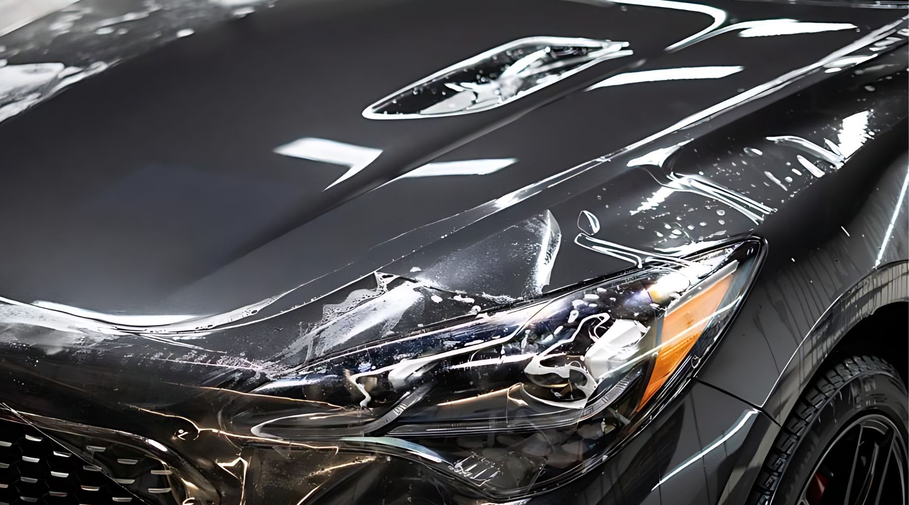 A black car with paint protection film (PPF) being applied to the front section, including the hood and headlights. The transparent film is partially laid, showing the installation process with water and solution aiding smooth adhesion.