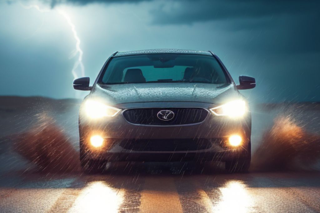 Impact of Chicago Weather on Ceramic Coating Durability - A car driving through heavy rain on a stormy night, with headlights on, and a flash of lightning illuminating the dark sky, showcasing the challenges of weather on vehicle protection.