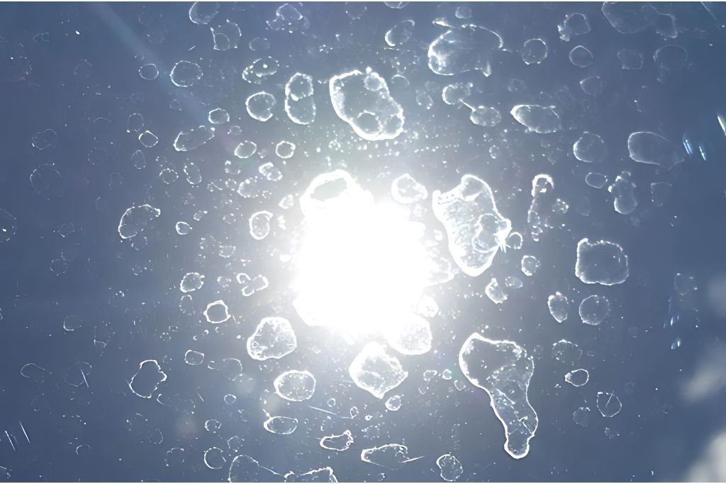 car water spot - Close-up of sunlight shining through a windshield covered in water droplets, highlighting the effects of rain and moisture on a vehicle’s surface.