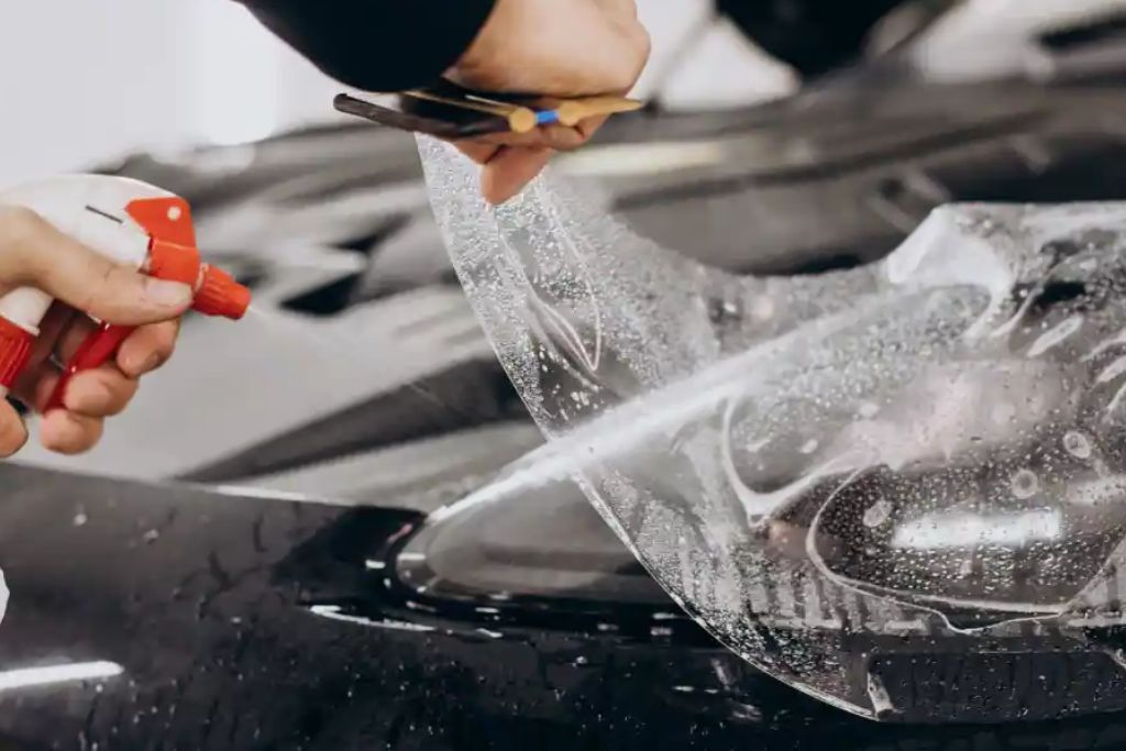 The front hood of a car with a partially installed paint protection film, showing the film being stretched and adhered to the surface.