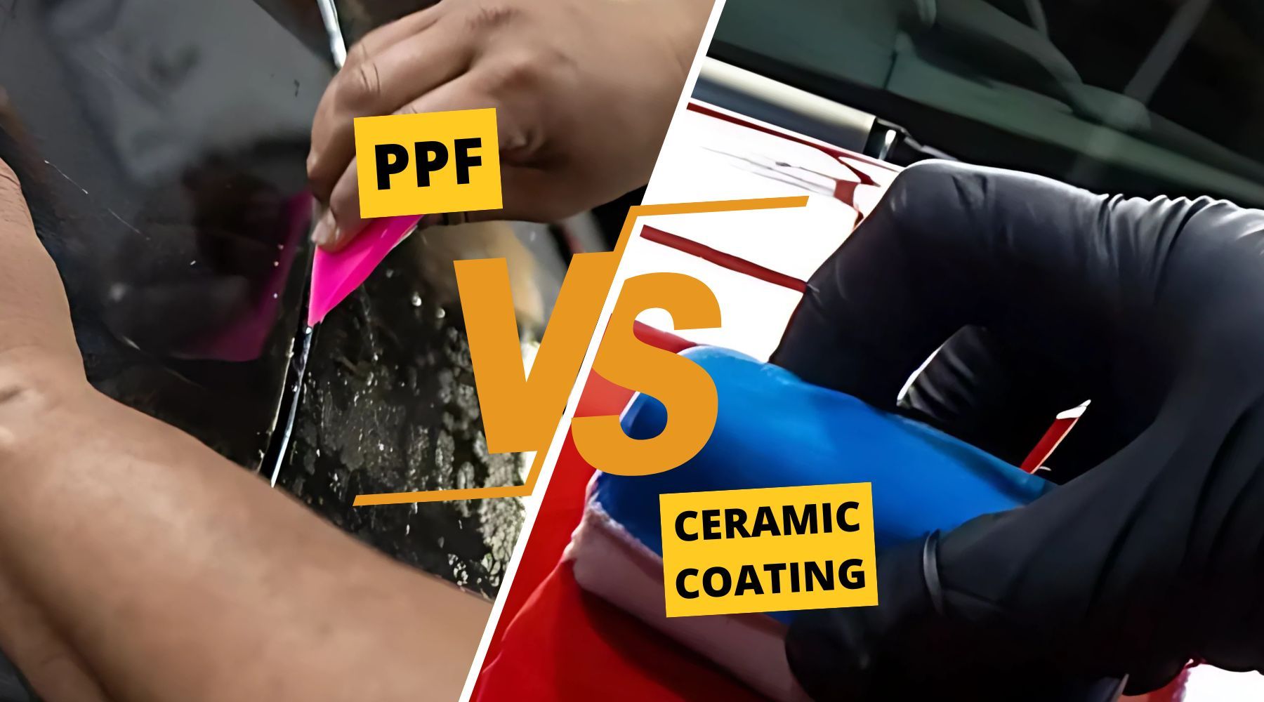 A side-by-side comparison image showing a person applying paint protection film (PPF) with a squeege