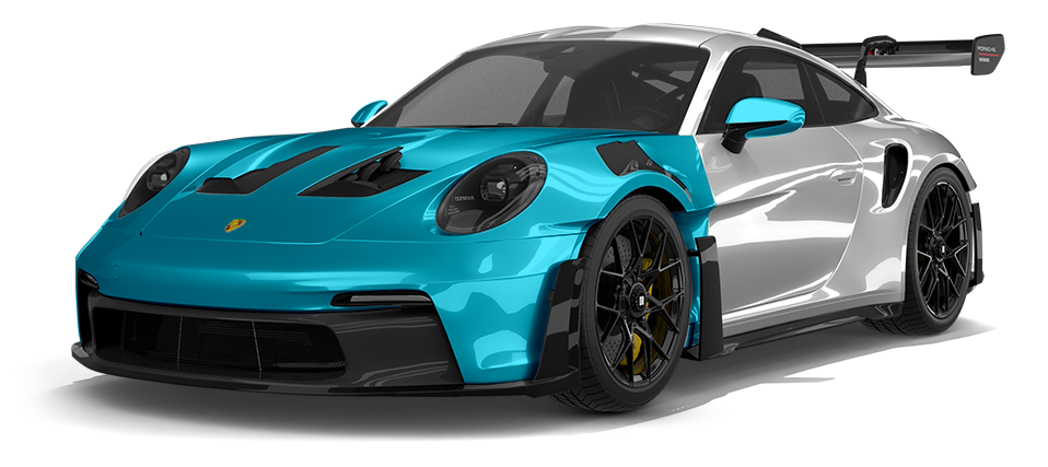 White and black Porsche 911 with blue protective film on the front.
