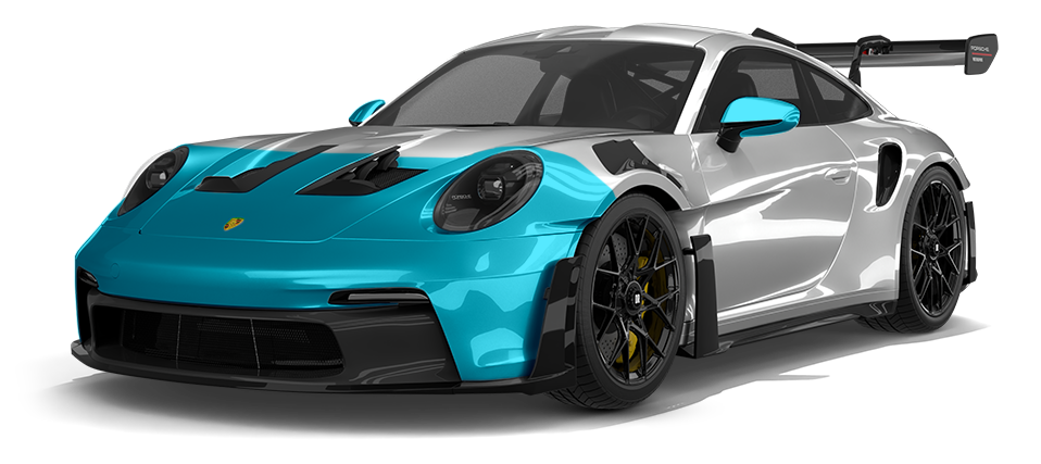 White Porsche 911 GT3 RS with blue accents, black wheels, and large rear wing.