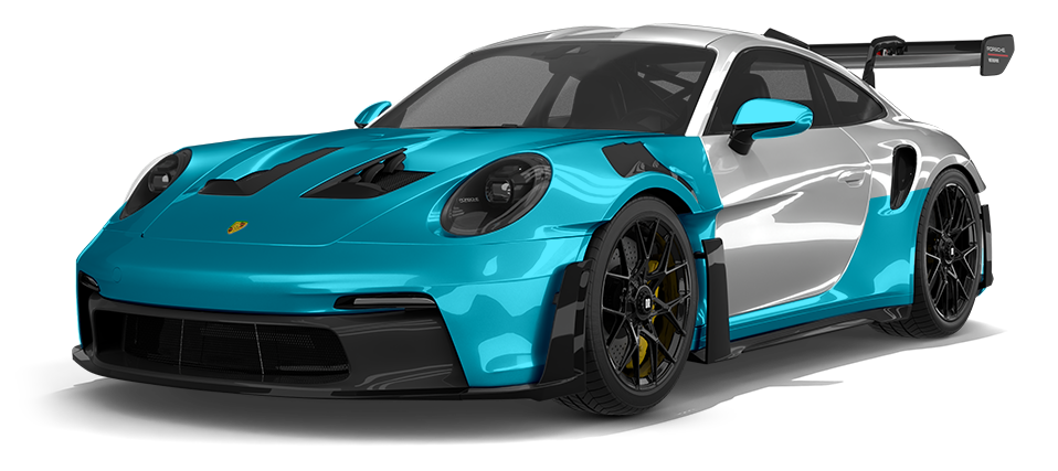 Light blue and silver Porsche 911 GT3 RS sports car, front view.