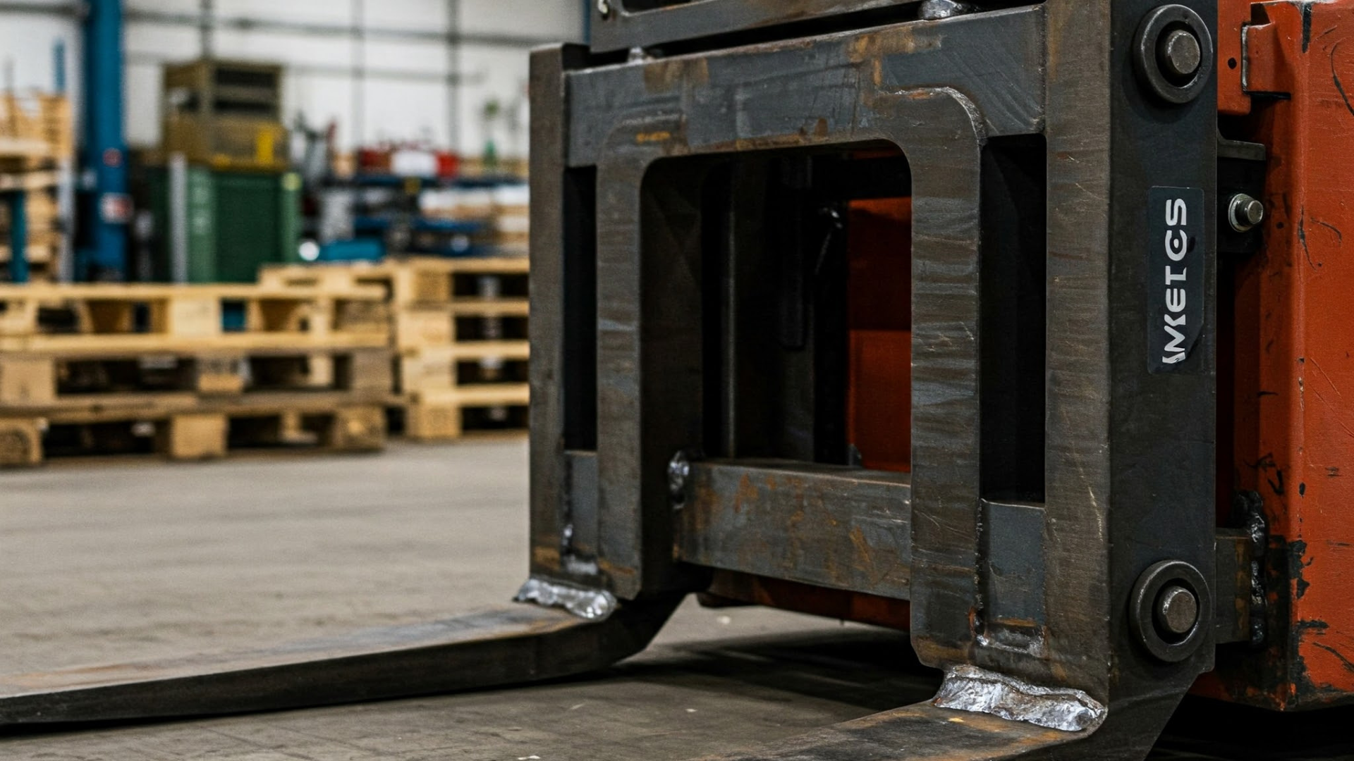 Forklift attachment lifting a black metal pallet fork in a warehouse aisle.