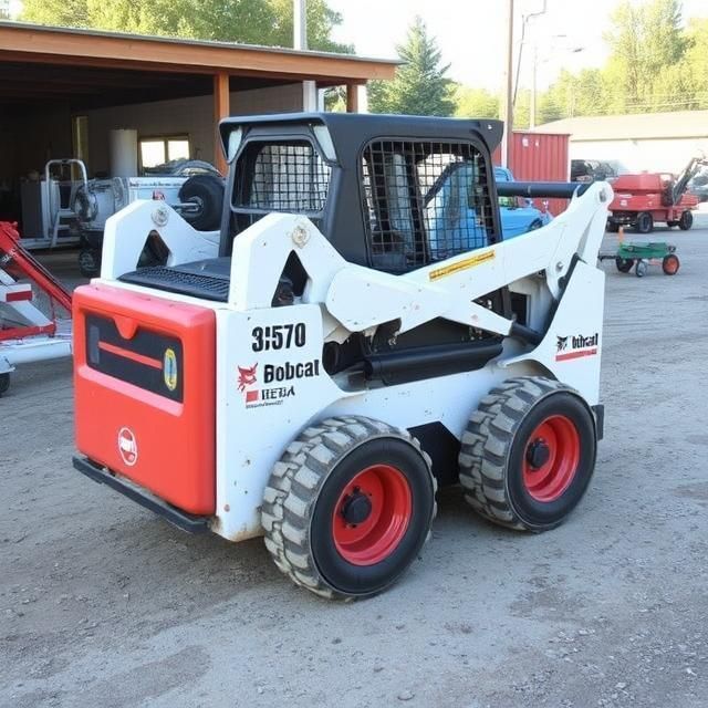 White-and-red Bobcat skid steer loader parked outdoors on a paved lot.