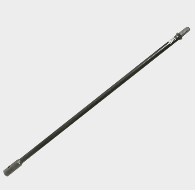 Black metal telescoping rod with silver fittings on a light gray background