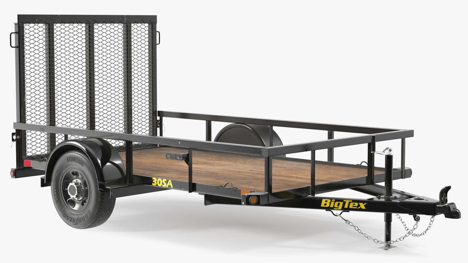 Black utility trailer with mesh gate and wood floor on a white background