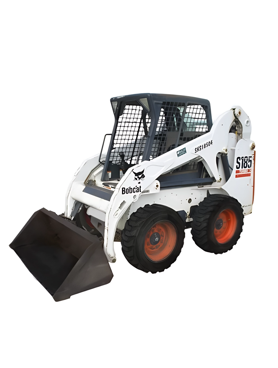 White Bobcat skid-steer loader with raised bucket on a plain white background