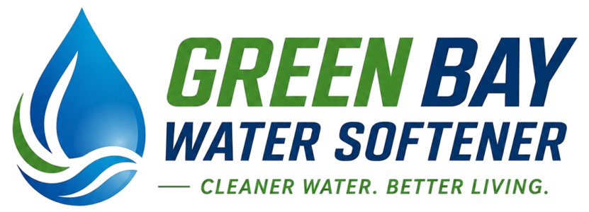 Green Bay Water Softener Logo with Blue Water Droplet, Green Wave Accent, Tagline, and Company Name in Green Bay, WI