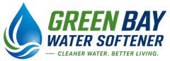 Green Bay Water Softener Logo with Blue Water Droplet, Green Wave Accent, Tagline, and Company Name in Green Bay, WI