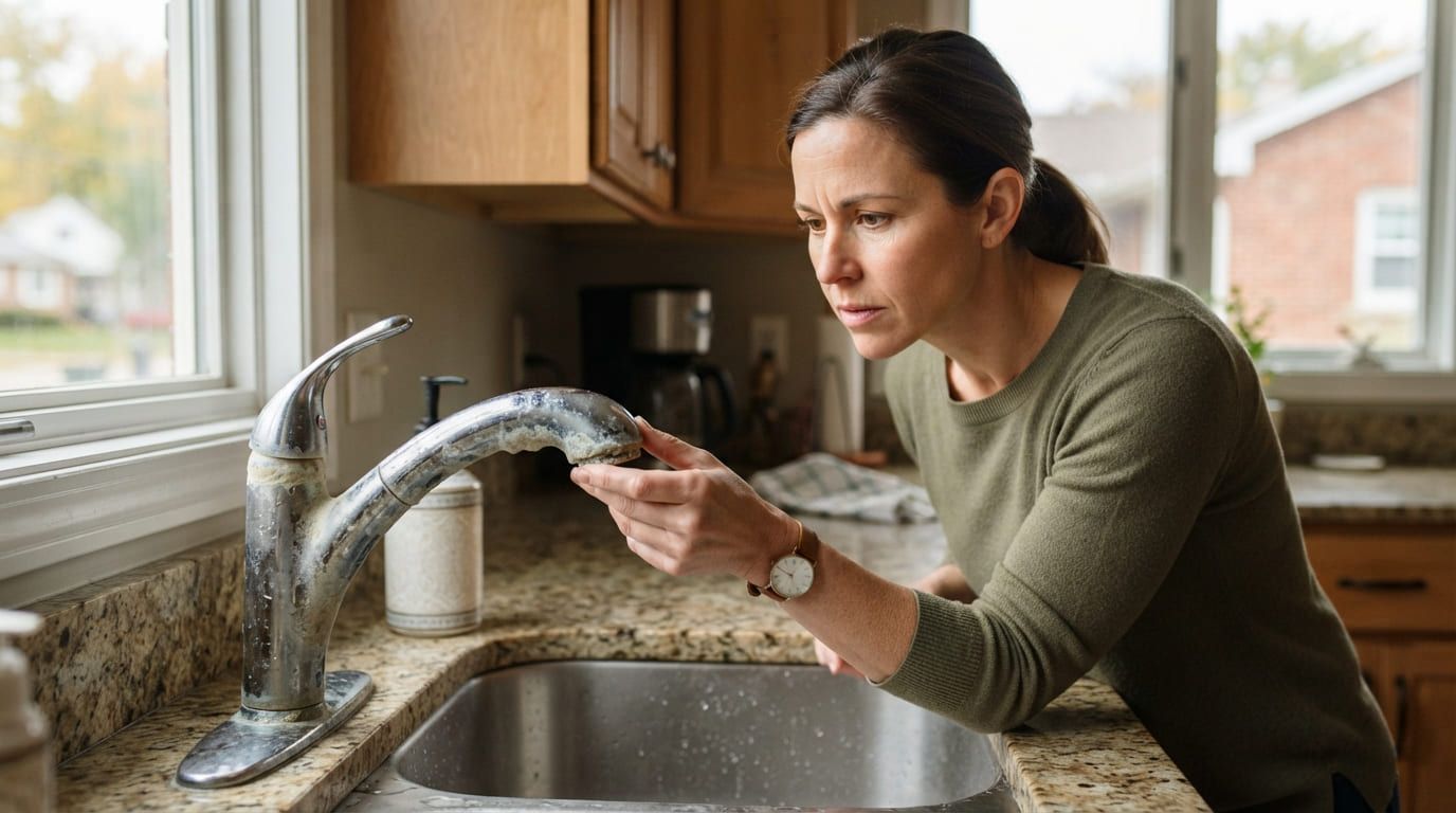 Woman examining mineral buildup on a kitchen faucet