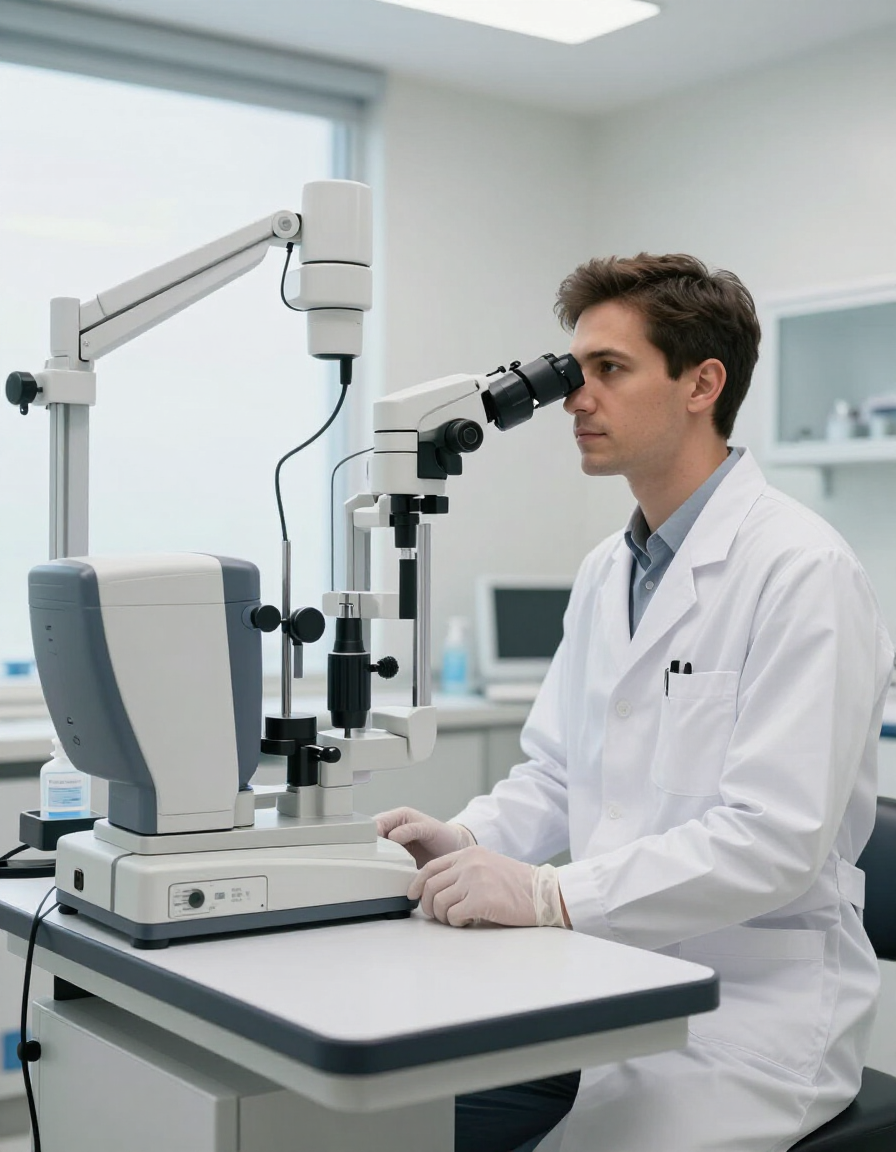 Oftalmólogo con equipo médico