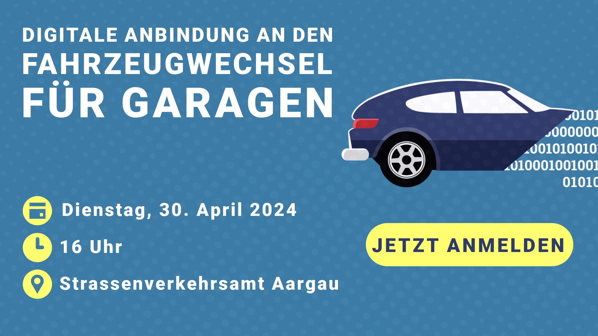 Ein blaues Auto auf einem hellblauen Hintergrund und einem Text über die digitale Anbindung an den Fahrzeugwechsel für Garagen